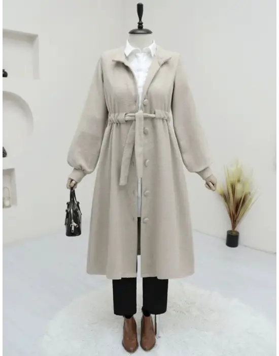 Belden Bağlamalı Top Düğmeli Kaşe Kaban  -Taş