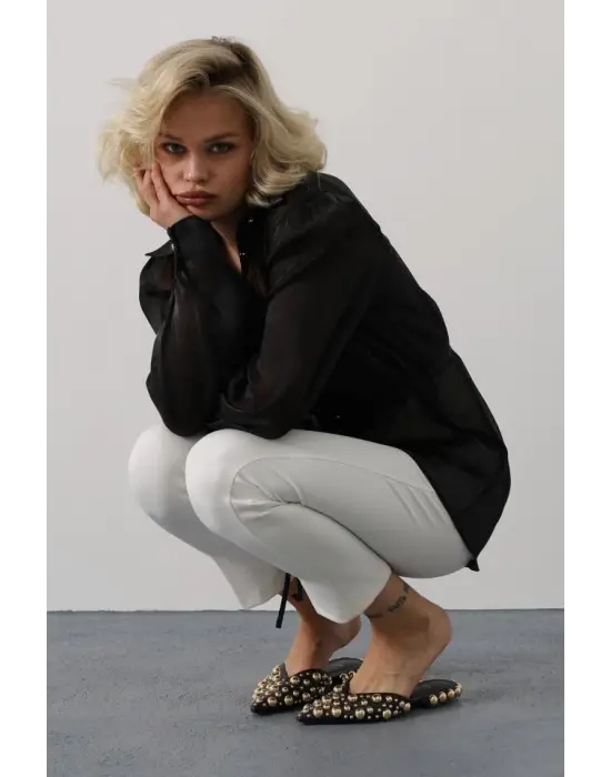 Omarı Siyah Belden Bağlamalı Uzun Kol Gömlek