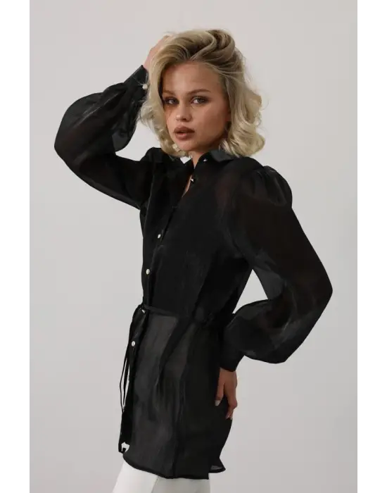 Belden Bağlamalı Uzun Kol Gömlek - Siyah