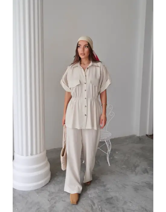 Omarı Belden Büzgü Detaylı Takım - Keten Gömlek ve Pantolon Seti