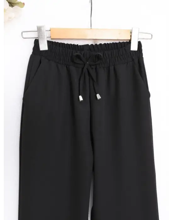 Beli Bağcıklı Dar Paça Pantolon -Siyah