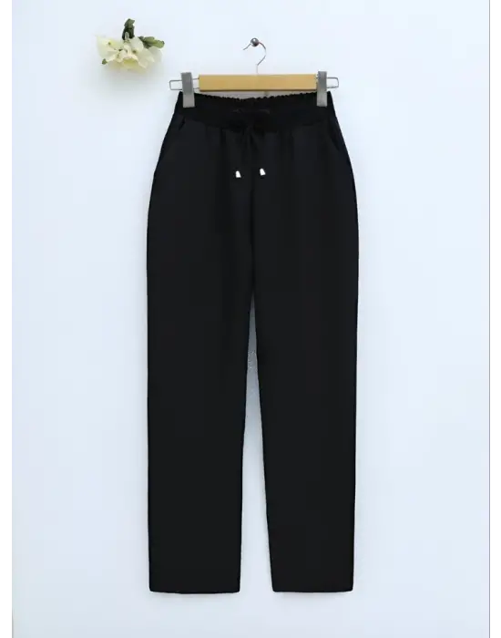 Beli Bağcıklı Dar Paça Pantolon -Siyah