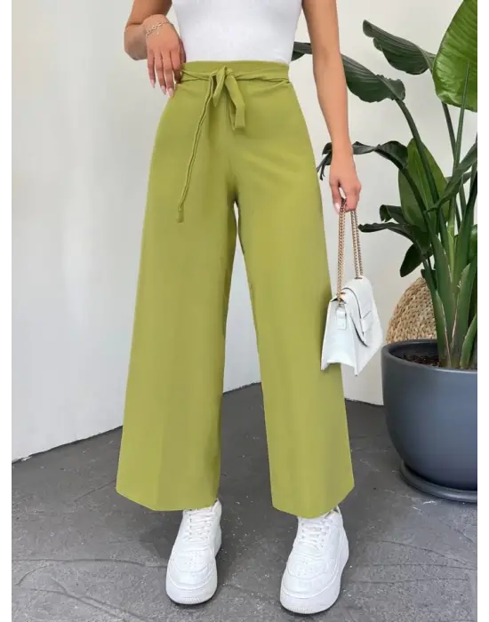 Omarı Yüksek Bel Bol Paça Pantolon - Fermuarlı Yeşil