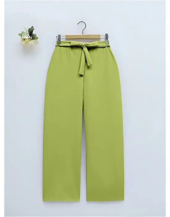 Omarı Yüksek Bel Bol Paça Pantolon - Fermuarlı Yeşil