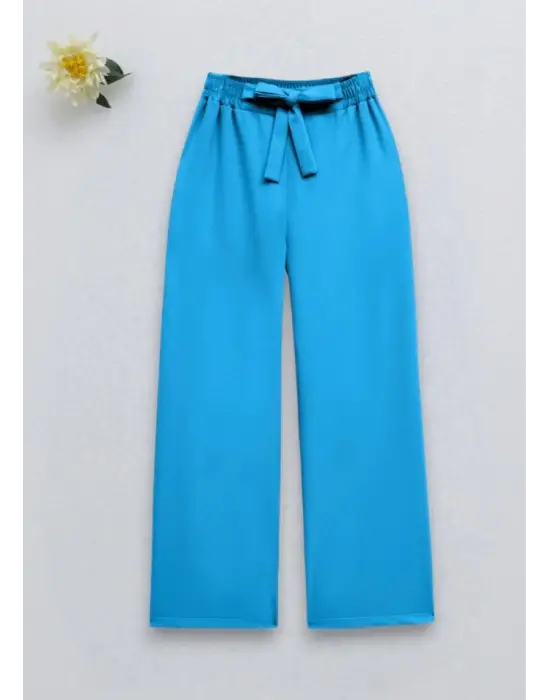 Beli Bağcıklı Double Bol Paça Pantolon      -Mavi