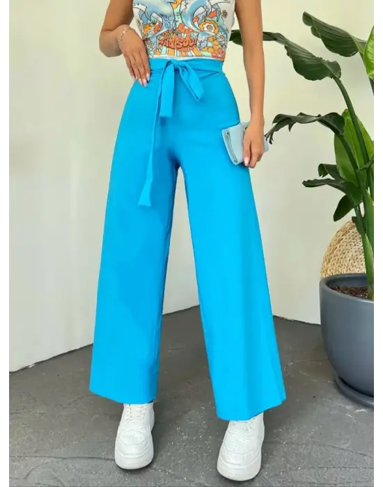 Beli Bağcıklı Double Bol Paça Pantolon      -Mavi