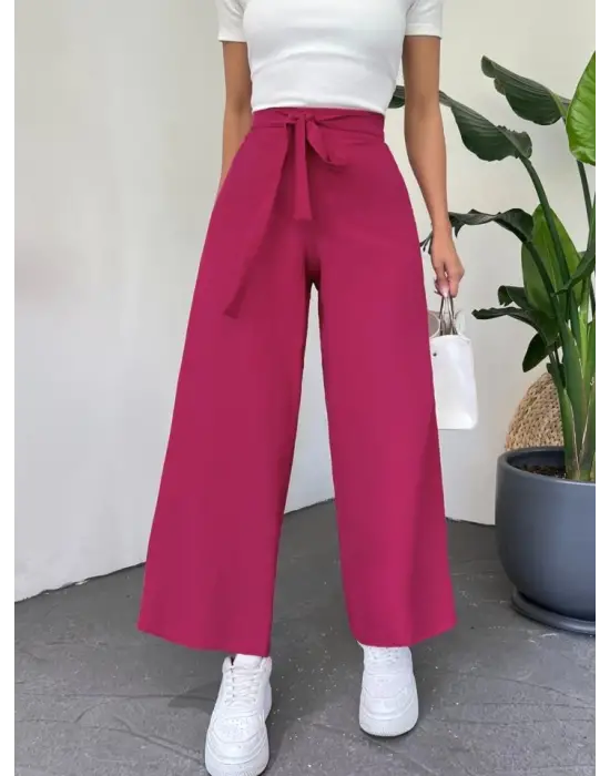 Omarı Özgür Hareket Eden Bol Paça Pantolon - Nar Çiçeği