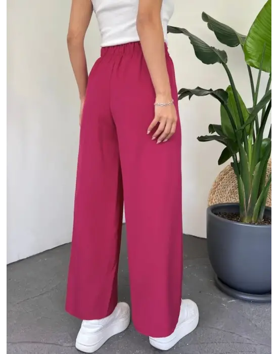 Omarı Özgür Hareket Eden Bol Paça Pantolon - Nar Çiçeği