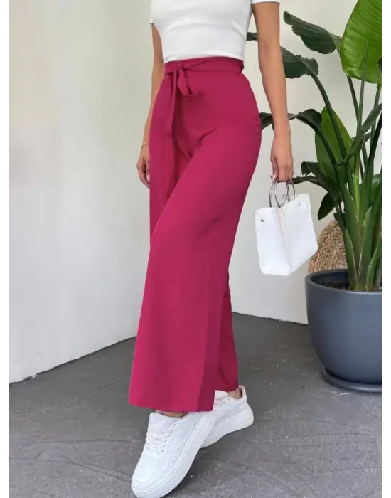 Omarı Özgür Hareket Eden Bol Paça Pantolon - Nar Çiçeği