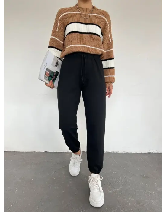 Beli Bağcıklı Eşofman Altı -Siyah