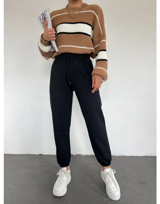 Beli Bağcıklı Eşofman Altı -Siyah