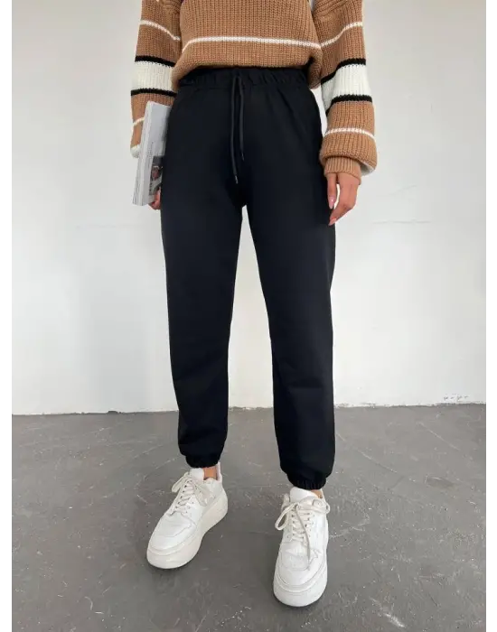 Beli Bağcıklı Eşofman Altı -Siyah