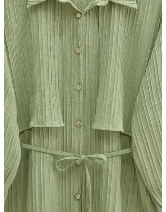 Beli Bağlamalı Bolero Detaylı Taşlı Düğmeli Gömlek -Çağla Y.