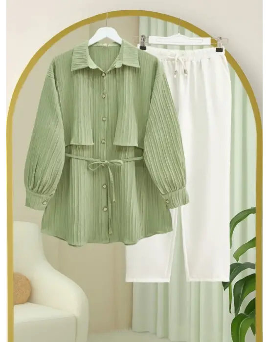 Beli Bağlamalı Bolero Detaylı Taşlı Düğmeli Gömlek -Çağla Y.