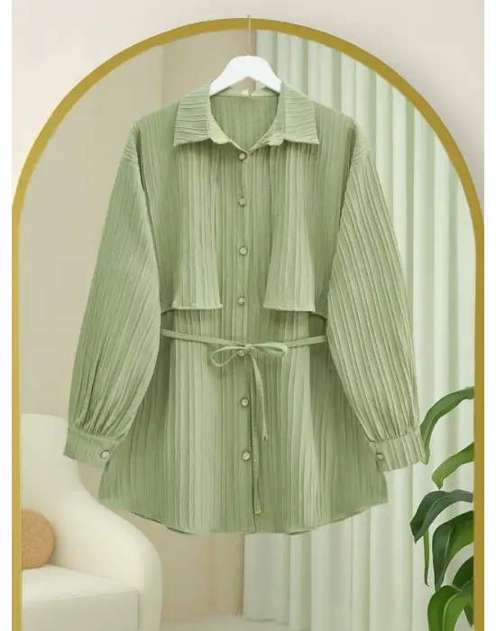 Beli Bağlamalı Bolero Detaylı Taşlı Düğmeli Gömlek -Çağla Y.