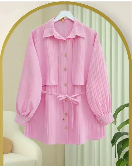 Beli Bağlamalı Bolero Detaylı Taşlı Düğmeli Gömlek -Pembe