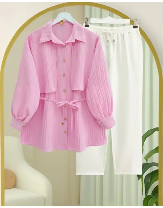 Beli Bağlamalı Bolero Detaylı Taşlı Düğmeli Gömlek -Pembe