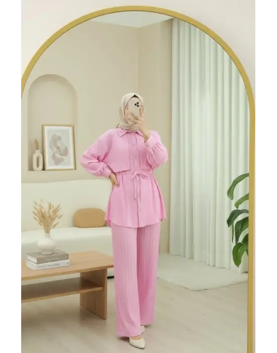 Beli Bağlamalı Bolero Detaylı Taşlı Düğmeli Gömlek -Pembe