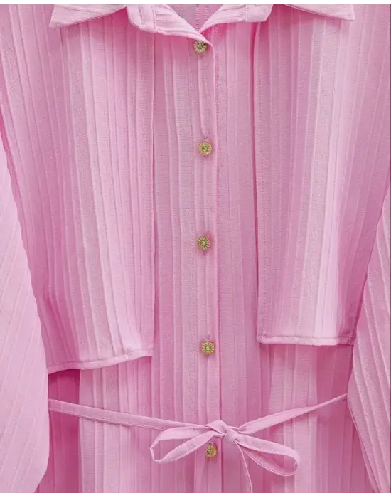 Beli Bağlamalı Bolero Detaylı Taşlı Düğmeli Gömlek -Pembe