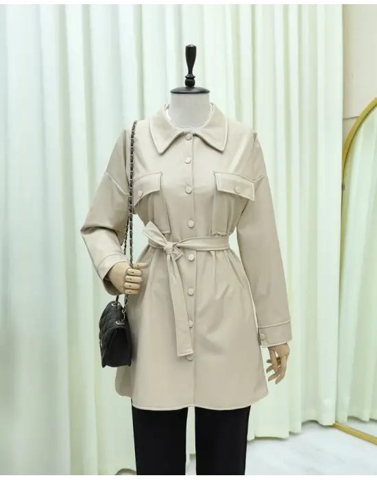 Beli Bağlamalı Çift Cepli Deri Gömlek  -Krem