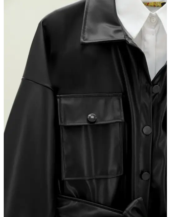 Beli Bağlamalı Çift Cepli Deri Gömlek -Siyah