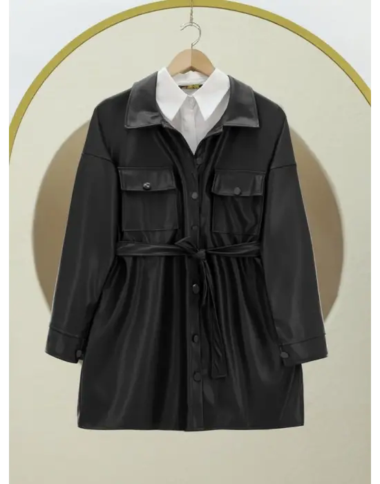 Beli Bağlamalı Çift Cepli Deri Gömlek -Siyah