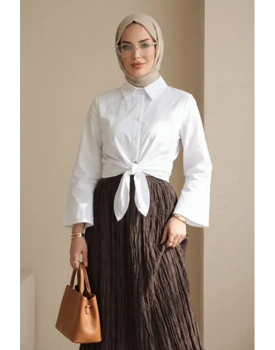 Beli Bağlamalı İspanyol Kol Poplin Gömlek Bluz -Beyaz