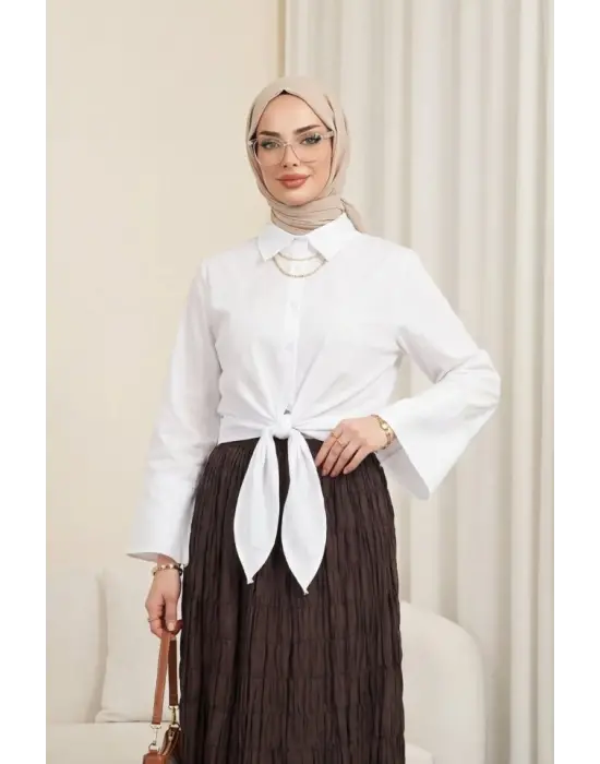 Beli Bağlamalı İspanyol Kol Poplin Gömlek Bluz -Beyaz