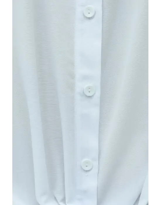 Beli Bağlamalı İspanyol Kol Poplin Gömlek Bluz -Beyaz