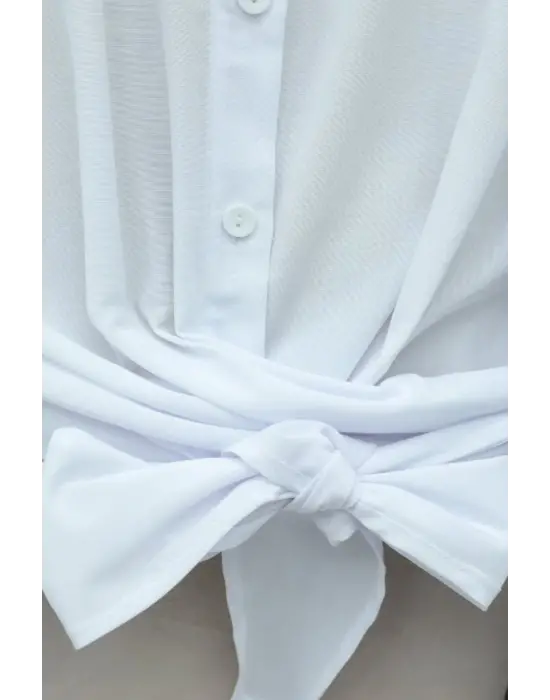 Beli Bağlamalı İspanyol Kol Poplin Gömlek Bluz -Beyaz