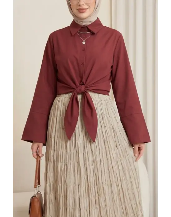 Beli Bağlamalı İspanyol Kol Poplin Gömlek Bluz -Bordo