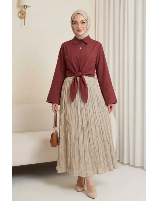 Beli Bağlamalı İspanyol Kol Poplin Gömlek Bluz -Bordo