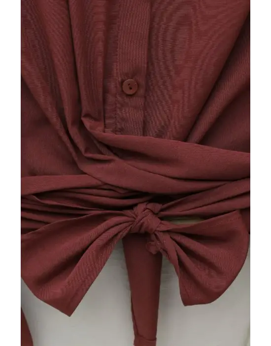 Beli Bağlamalı İspanyol Kol Poplin Gömlek Bluz -Bordo