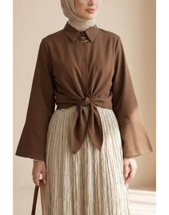Beli Bağlamalı İspanyol Kol Poplin Gömlek Bluz -Kahve