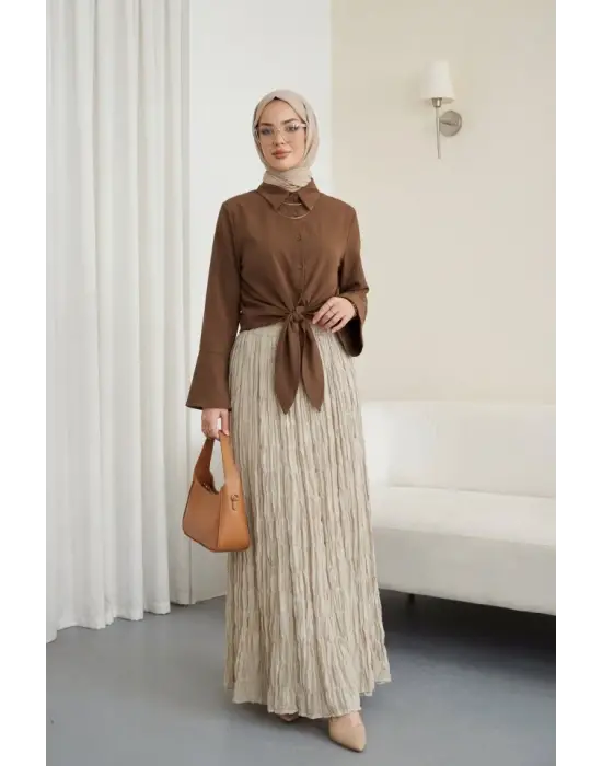 Beli Bağlamalı İspanyol Kol Poplin Gömlek Bluz -Kahve