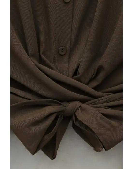 Beli Bağlamalı İspanyol Kol Poplin Gömlek Bluz -Kahve