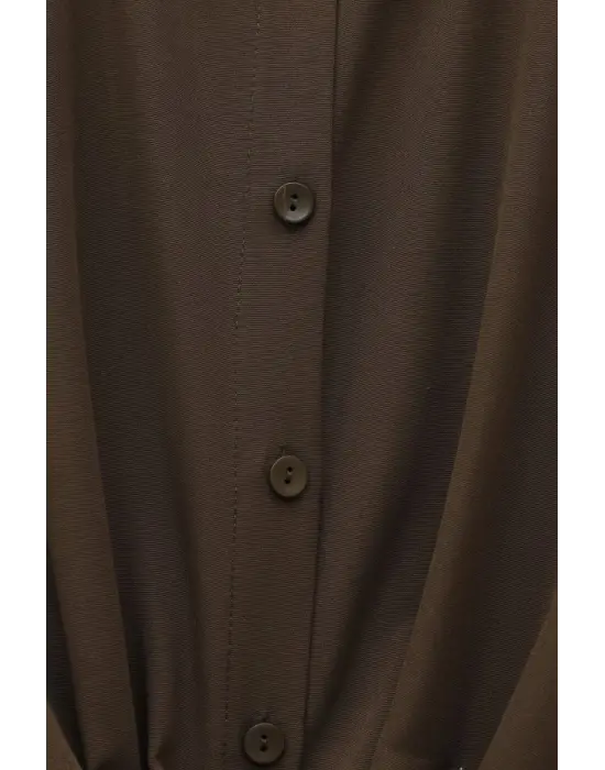 Beli Bağlamalı İspanyol Kol Poplin Gömlek Bluz -Kahve