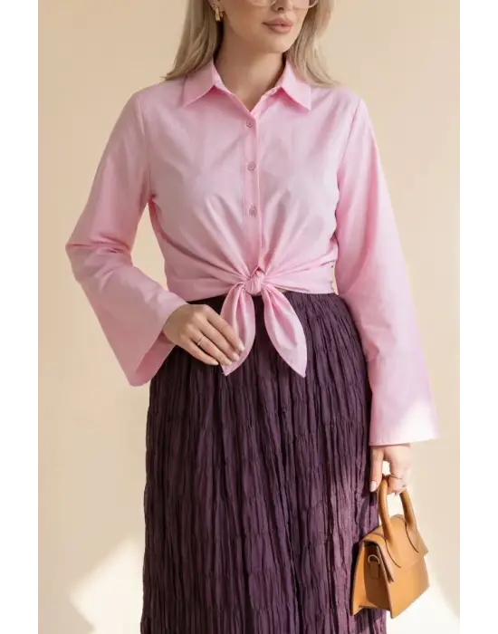 Beli Bağlamalı İspanyol Kol Poplin Gömlek Bluz -Pembe