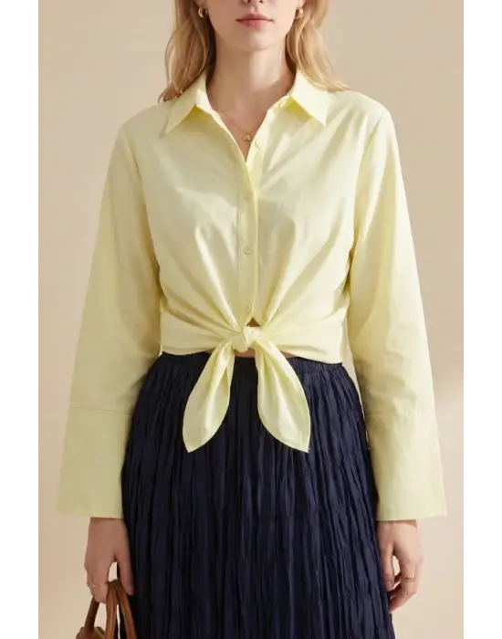 Beli Bağlamalı İspanyol Kol Poplin Gömlek Bluz -Sarı