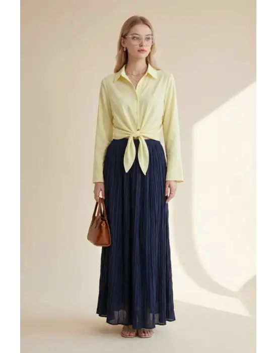 Beli Bağlamalı İspanyol Kol Poplin Gömlek Bluz -Sarı