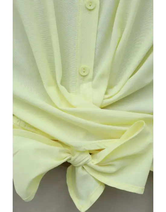 Beli Bağlamalı İspanyol Kol Poplin Gömlek Bluz -Sarı