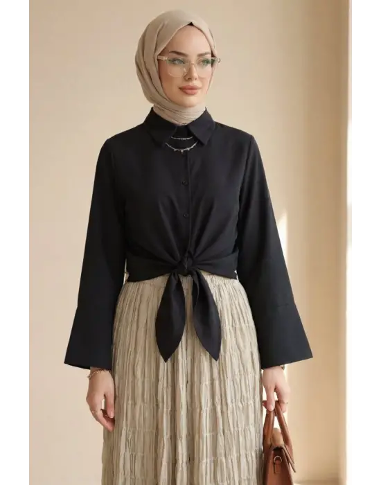 Beli Bağlamalı İspanyol Kol Poplin Gömlek Bluz -Siyah