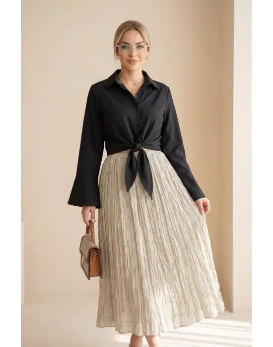 Beli Bağlamalı İspanyol Kol Poplin Gömlek Bluz -Siyah