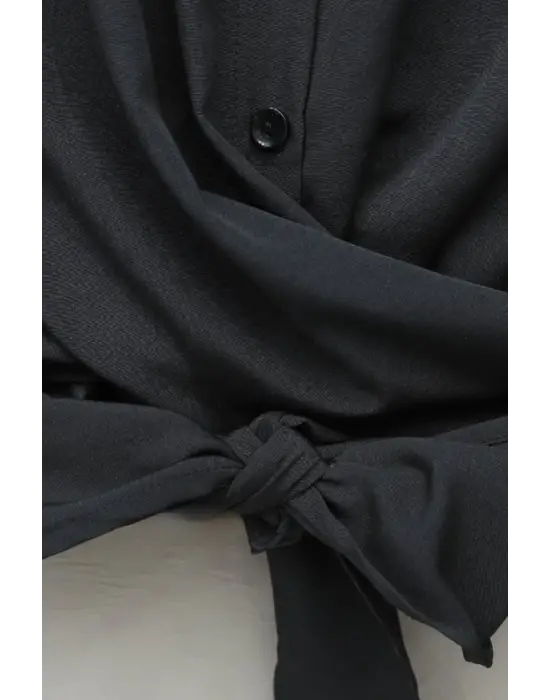 Beli Bağlamalı İspanyol Kol Poplin Gömlek Bluz -Siyah