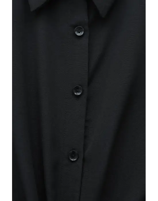 Beli Bağlamalı İspanyol Kol Poplin Gömlek Bluz -Siyah