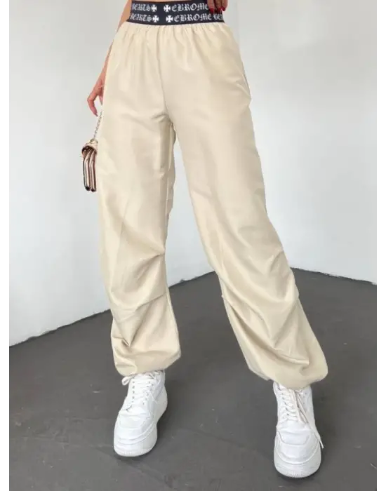 Omarı Beli Bantlı Lastikli Pantolon - Bej