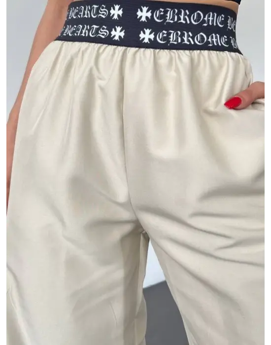 Omarı Beli Bantlı Lastikli Pantolon - Bej