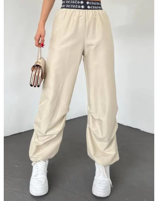 Omarı Beli Bantlı Lastikli Pantolon - Bej