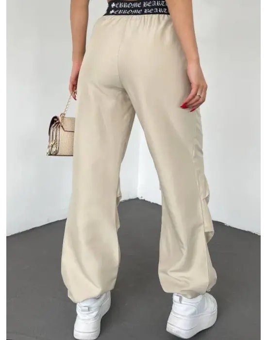 Omarı Beli Bantlı Lastikli Pantolon - Bej