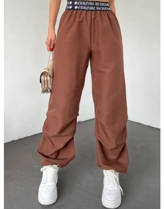 Beli Bantlı Paçası Lastikli Pantolon -Kahve